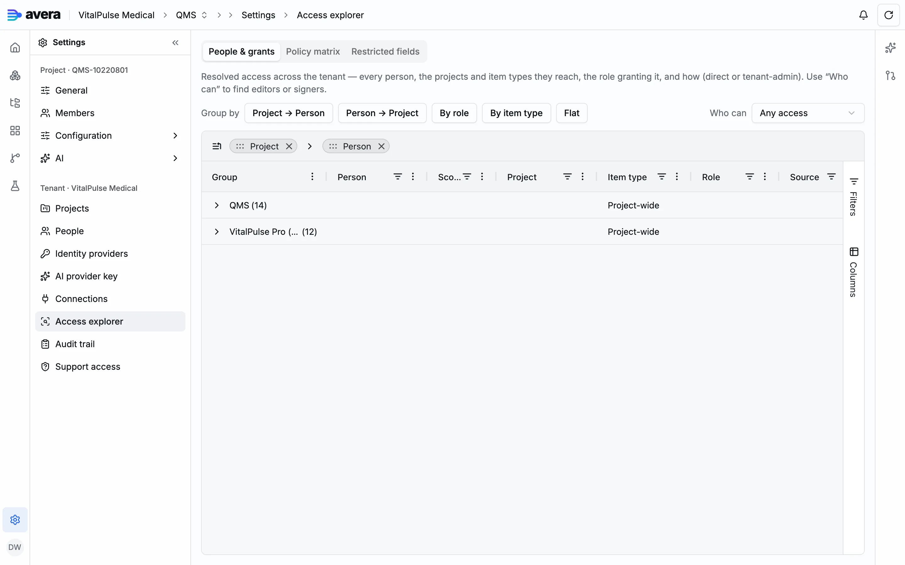 The Access explorer explaining why a person may or may not act, and viewing the product as another role