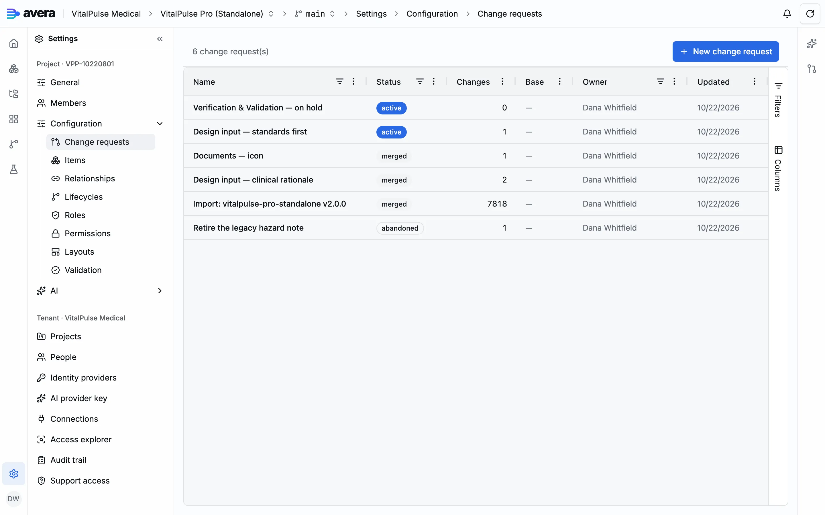 A project’s change requests: merged ones that became configuration versions, active ones still being staged, and one abandoned