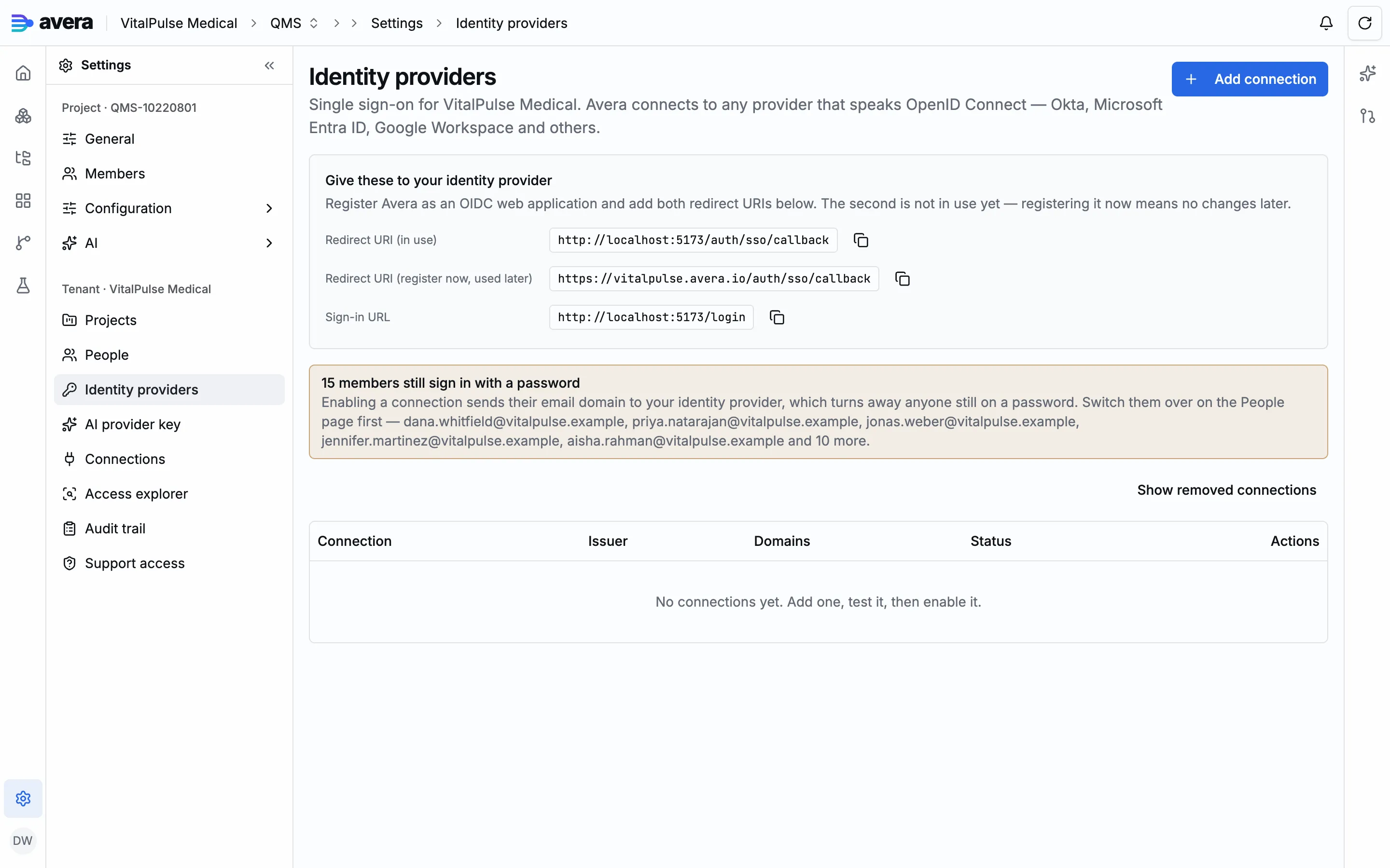 An identity connection with its issuer, client id, allowed email domains and required claims
