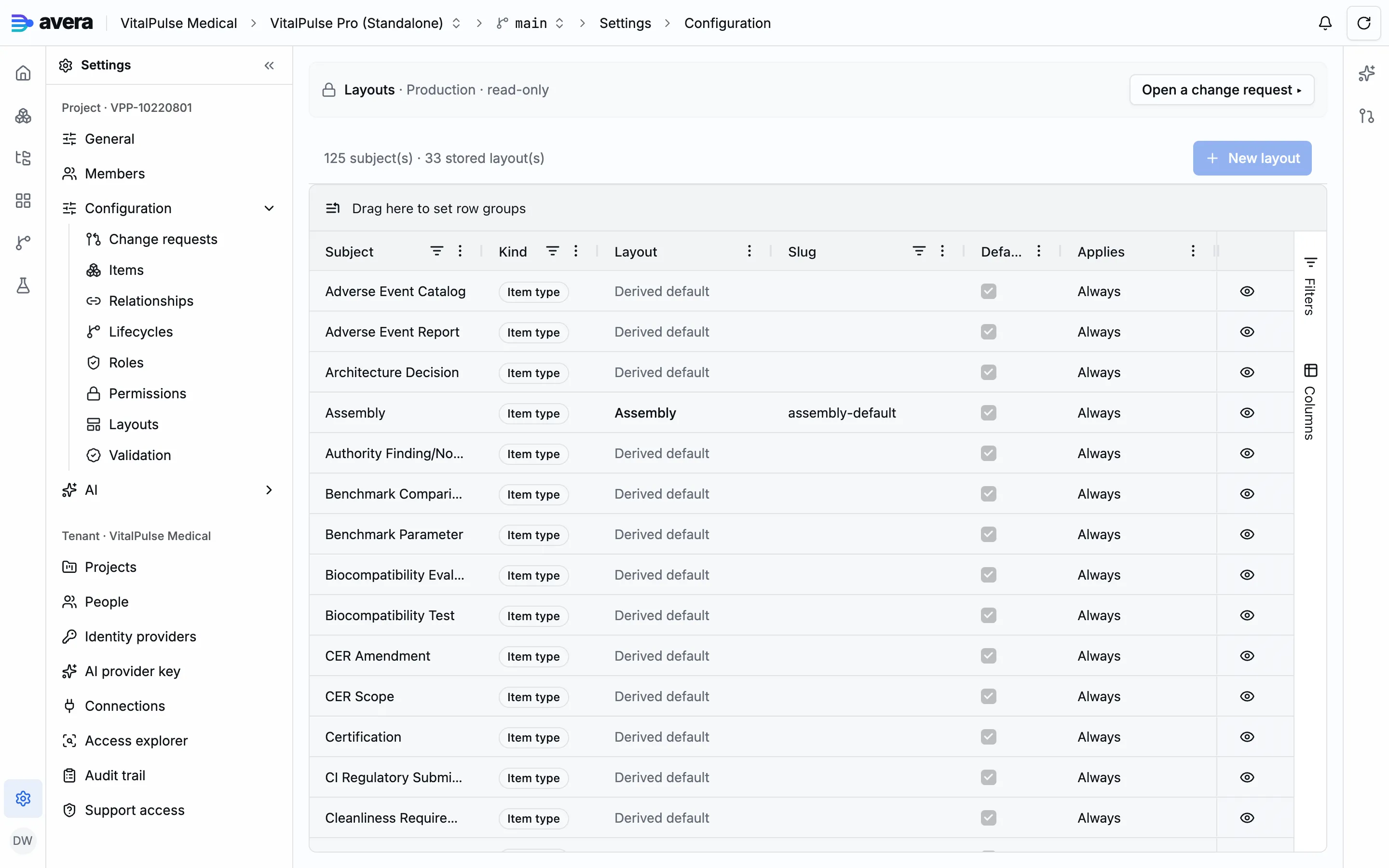 The layout editor: the structure on the left, the selected section’s settings on the right