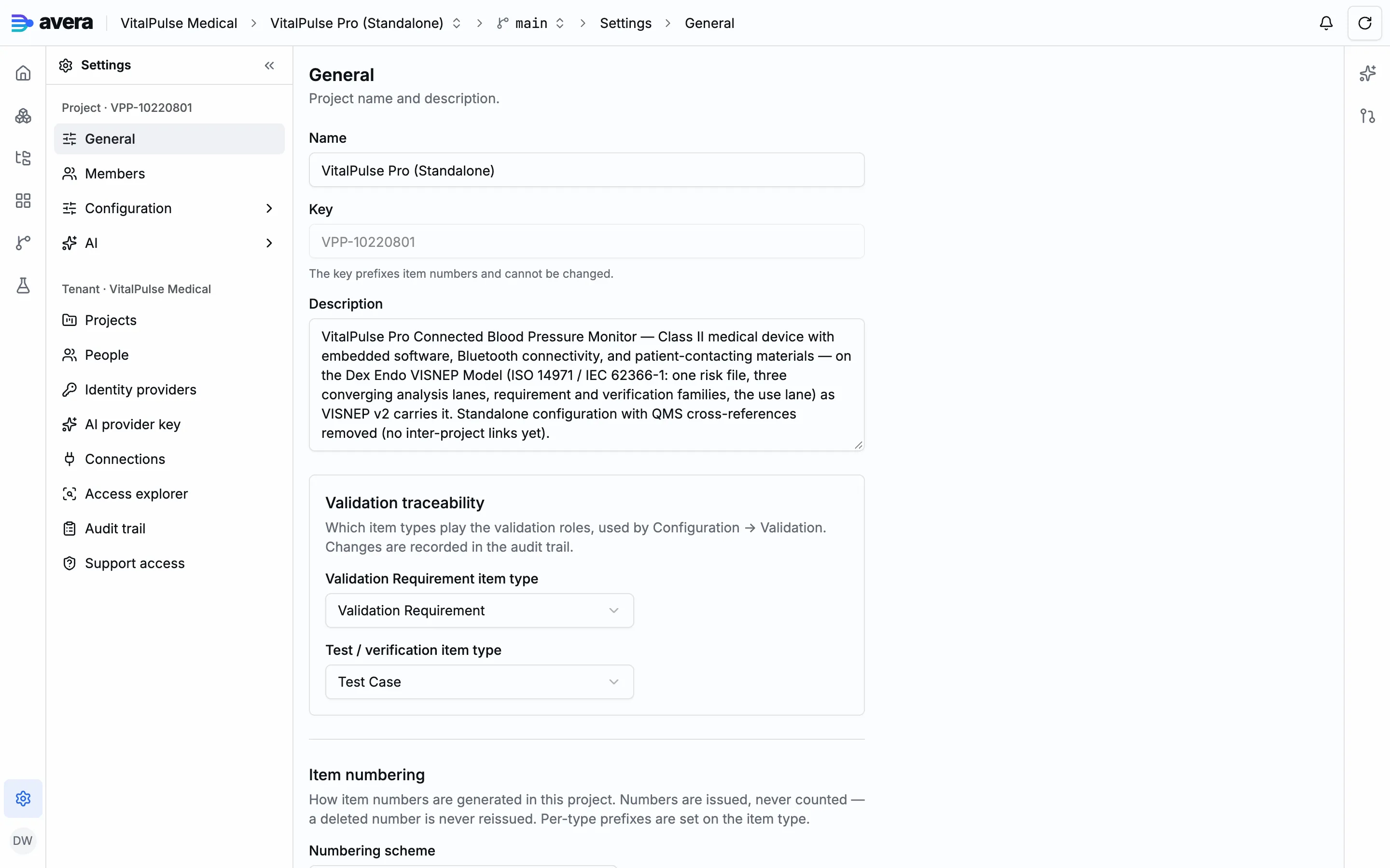 The General settings of a project: item numbering, document heading numbering, the validation traceability pair and the default AI model