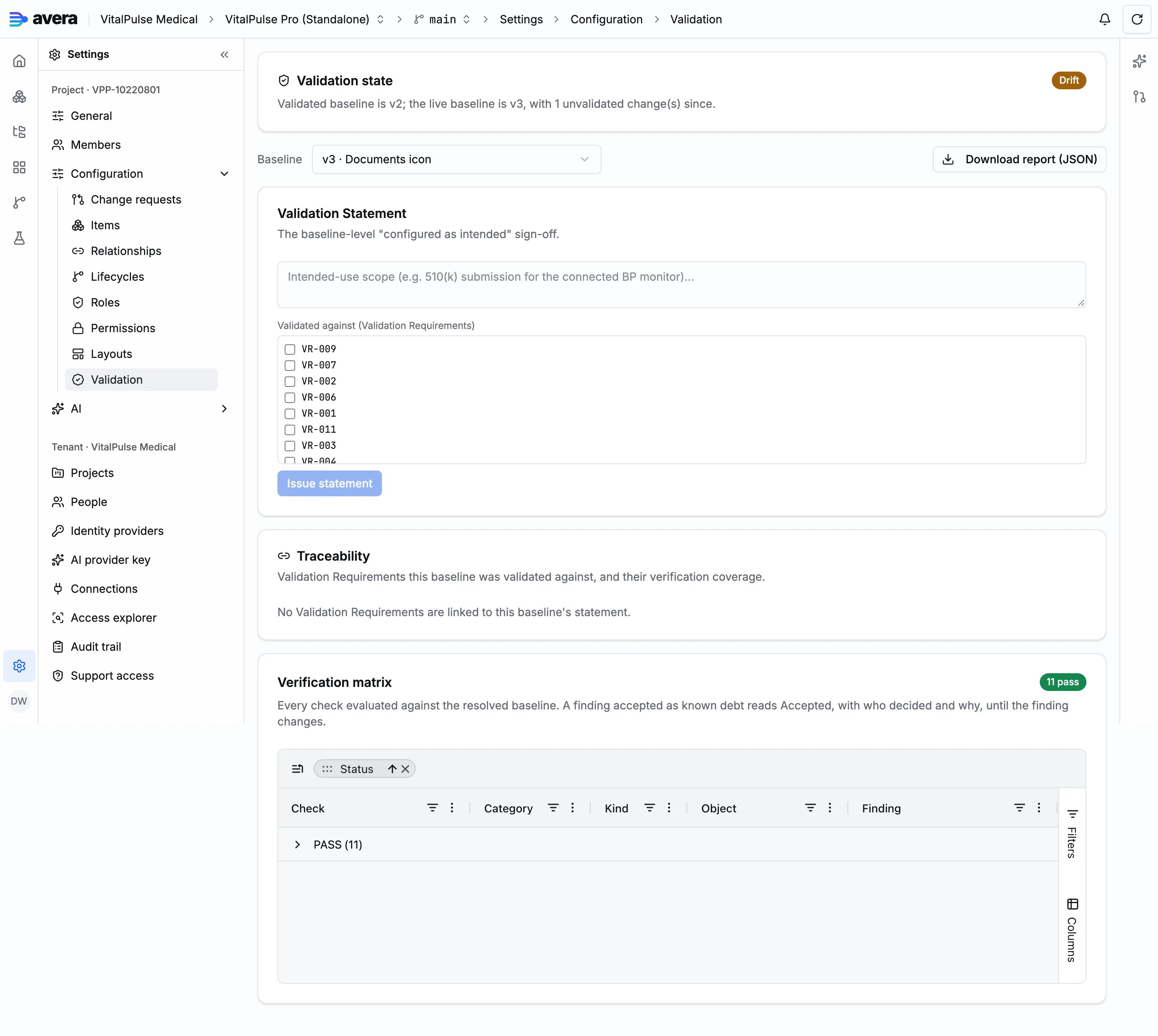 The Validation page: the verification matrix of a configuration version, its statement and the drift since